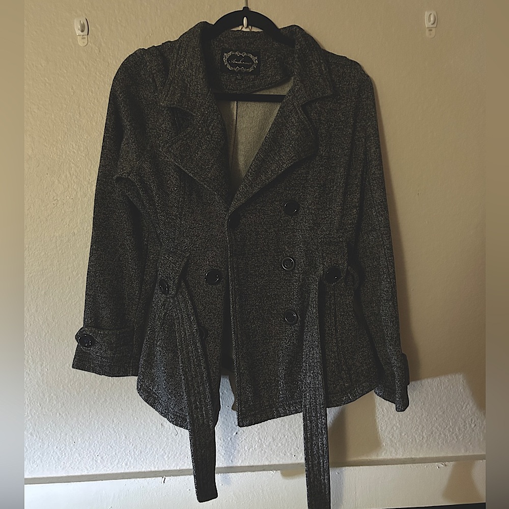 AMBIANCE Pea Coat Jacket Grey With Button Enclosure and Ties.